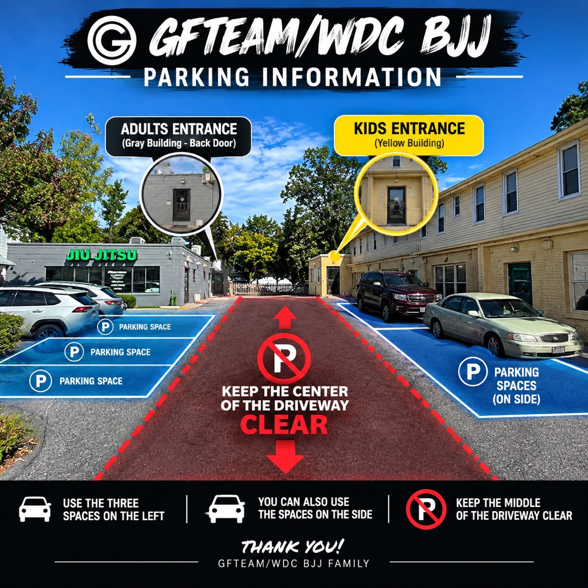 WDC BJJ parking lot map — park in the three spaces on the left or the side spaces, keep the center of the driveway clear; adults entrance at the gray building back door, kids entrance at the yellow building
